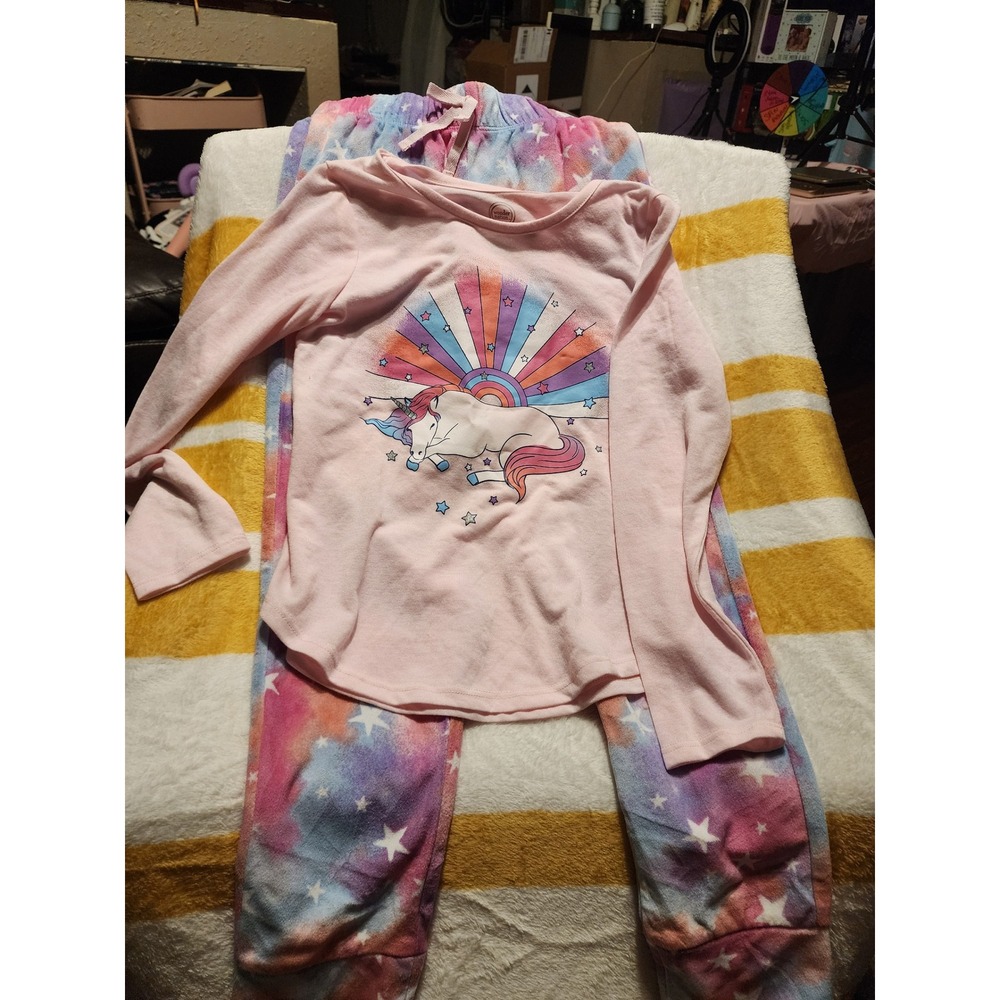 Wonder Nation Girls Unicorn Pajama Set Size 7-8 Pink Fleece Star Pants NWT
